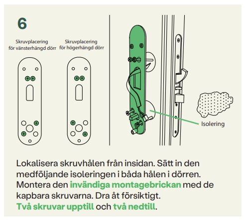 Illustration av montering av dörrhandtag med fokus på skruvplacering och isolering. Visar separat vy för vänster- och högerhängd dörr, samt monteringsanvisningar.