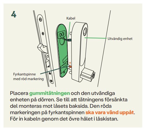 Instruktion för montering av utvändig enhet på dörr med markering för fyrkantspinne, kabeldragning och gummitätning.