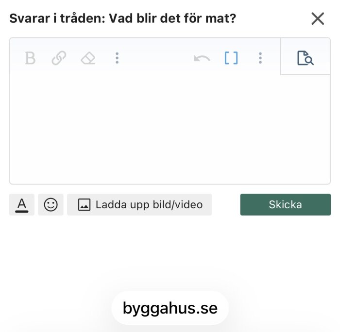 Inmatningsruta på forumet byggahus.se med knappar för textformatering, bilduppladdning och skicka-knapp.