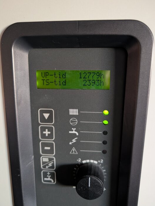 Display med driftstimmar för värmepump, visar "VP-tid 12779h" och "TS-tid 2398h", samt kontrollknappar och justeringsvred för inställningar.