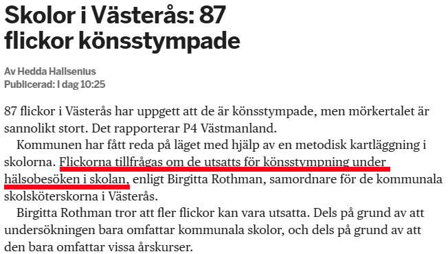 Artikel om könsstympning av flickor i Västerås, förekomst undersökt under hälsobesök i skolorna.