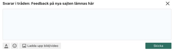 Svarsruta på forum med knappar för textformatering, emoji, och bilduppladdning samt 'Skicka'-knapp.