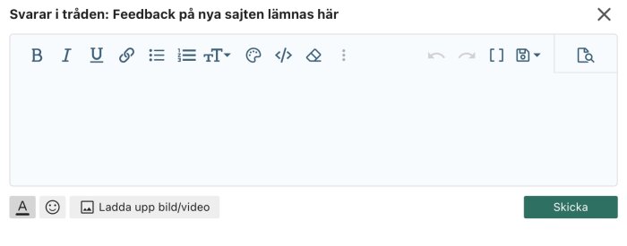 Gränssnitt för att svara i en diskussionstråd med textredigeringsverktyg, uppladdningsalternativ och skicka-knapp.