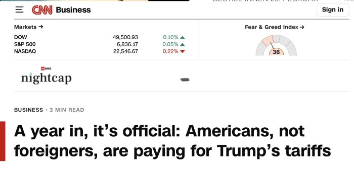 Skärmbild från CNN Business med aktiemarknadsindex för DOW, S&P 500 och NASDAQ. Värden visas med färgade pilar och en Fear & Greed Index-mätare.