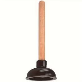 En vaskrensare med trähandtag och gummisugpropp för att rensa avlopp.