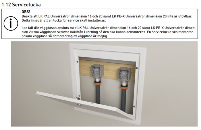 Servicebox med öppen lucka som visar två LK-väggdosor kopplade till rör. Text ovanför beskriver installation och behovet av en inspektionslucka.