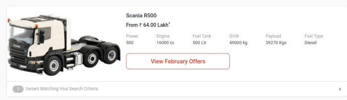 Scania R500 beskrivning från en indisk webbplats, visar pris och specifikationer som motorstyrka och bränsletankkapacitet.