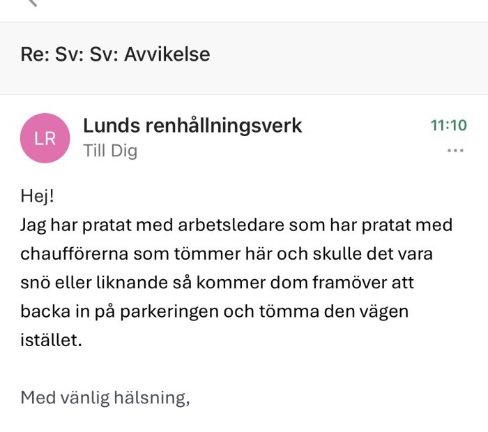 Ett meddelande från Lunds renhållningsverk som diskuterar sophämtning och potentiella ändringar på grund av väderförhållanden.