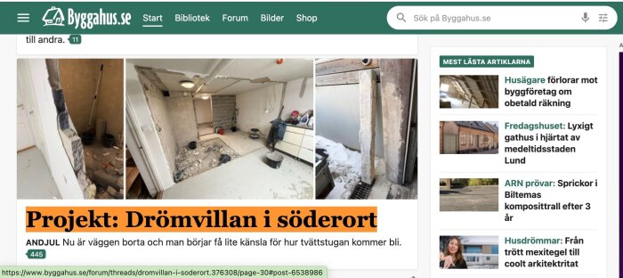 Renovering av tvättstuga med riven vägg och byggutrustning, inklusive hinkar och verktyg, i ett rum under renovering.