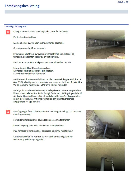 Försäkringsbesiktning med bilder av krypgrund, visar betongväggar, fuktmätningar och rördragningar, samt information om mikrobiell tillväxt och fuktskador.