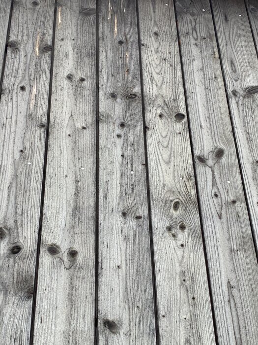 Träfasad med små svarta prickar och väderbiten yta, fotograferad på en husvägg.