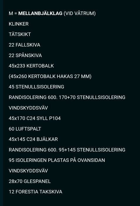Lista över våtutrymmeskonstruktion med material som klinker, tätskikt, keratobalk och stenullssisolering.