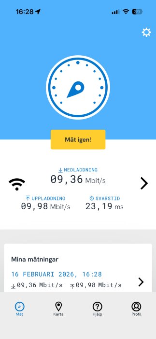 Skärmdump av en hastighetstestapp som visar nedladdning 9,36 Mbit/s, uppladdning 9,98 Mbit/s och svarstid 23,19 ms.