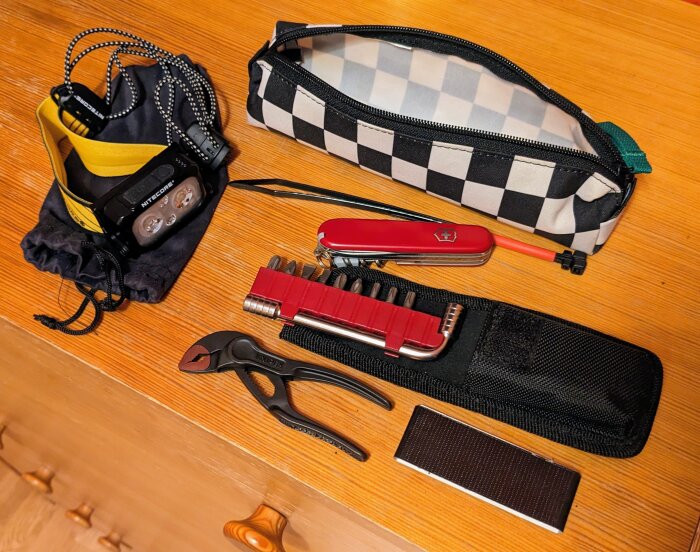 Offpist-kit med Victorinox-kniv, Knipex XS, pannlampa, verktyg och tillbehör i ett rutigt förvaringsfodral på ett träbord.