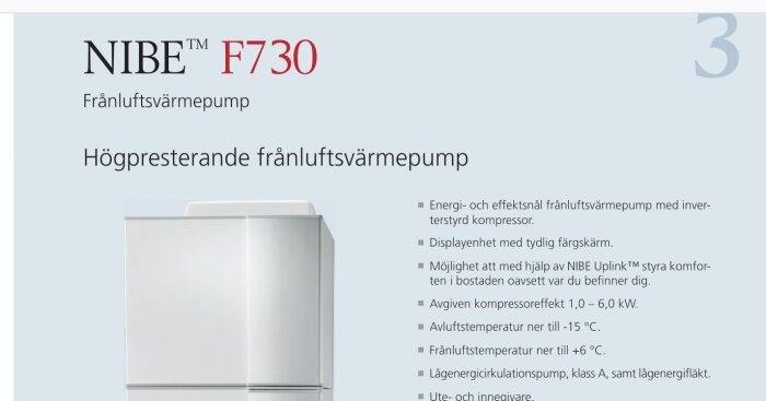 NIBE F730 frånluftsvärmepump presenteras med detaljerade funktioner och specifikationer i en broschyr.