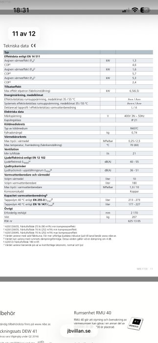 Tekniska specifikationer för NIBE F730, inklusive effektdata, energimärkning, ljudnivåer och varmvattencapacitet.