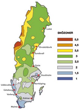 Karta över Sverige med olika snözoner markerade i färger från 1 (blå) till 5,5 (brun), med städer som Luleå, Sundsvall och Malmö placerade.