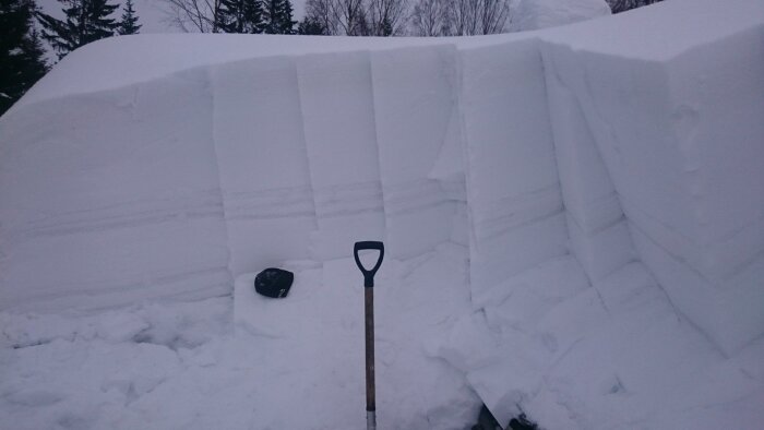 Snötäckt tak med en snöskyffel i förgrunden, tjocka snölager avslöjade.