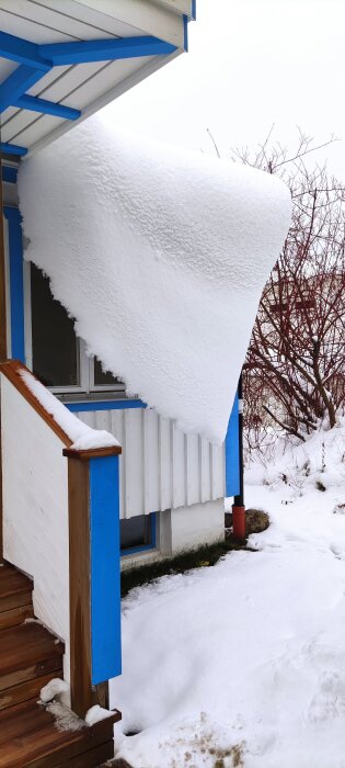 Snö hänger i tjockt lager från en takränna på ett hus med blå detaljer. Träd syns i bakgrunden.