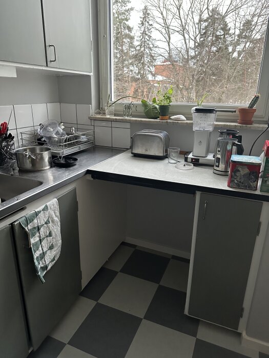 Kökshörn med diskbänk, brödrost, mixer och diskställ vid fönsterkant. Utsikt mot träd och himmel utanför fönstret. Rutig golvmatta.