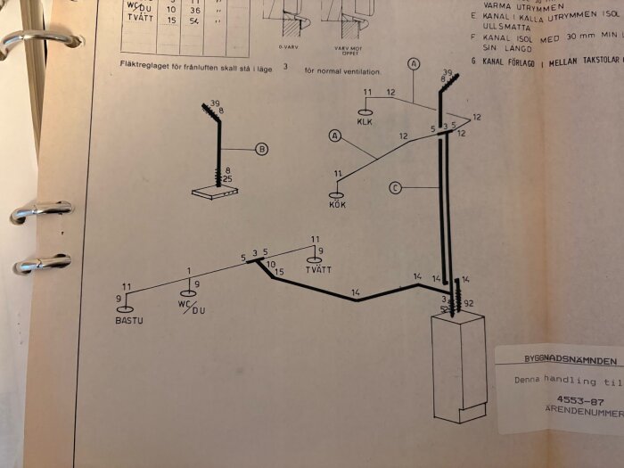 Ritning av ventilationssystem för en villa från 1988 med markeringar för frånluftsvärmepump och isolering av utblåskanal.