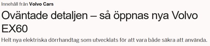 Artikelrubrik om nya elektriska dörrhandtag på Volvo EX60.