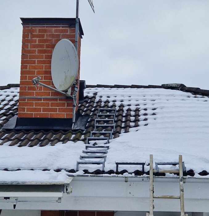 Murad skorsten med parabol på hustak täckt av snö, stege synlig bredvid.