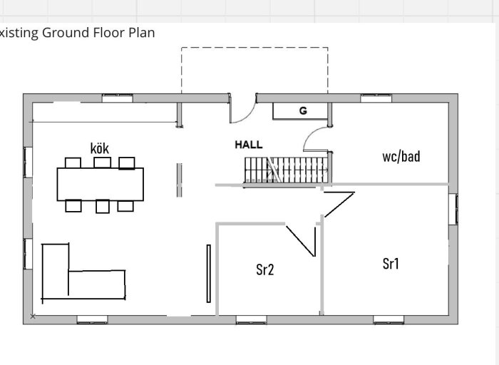 Planritning av bottenvåning med kök, hall, två sovrum (Sr1, Sr2) och wc/bad. Trappa markerad, garderob vid hallen.