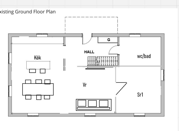 Planritning över bottenvåning med kök, vardagsrum, hall, badrum och rum märkt Sr1.