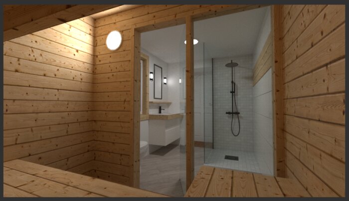 Rendering av ett träinrett badrum med dusch och bastu, ljusinsläpp från runda lampor på väggen.