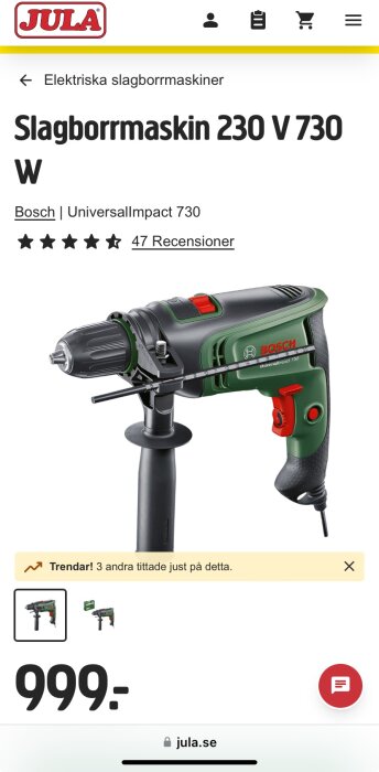 Reklam för Bosch slagborrmaskin UniversalImpact 730, 230 V, 730 W, med 47 recensioner och pris 999 kr på Jula.