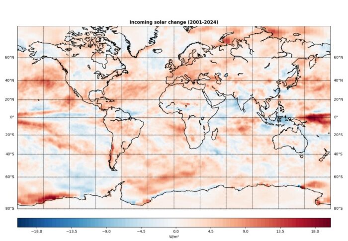 Karta som visar förändringar i solinstrålning globalt mellan 2001 och 2024, med färger som indikerar variationer i W/m².