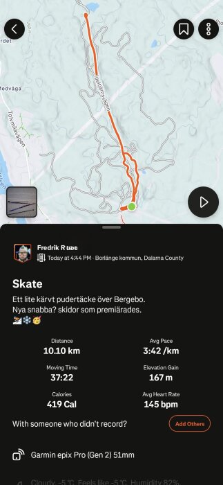 Skidtur på karta med statistik över 10,10 km i Borlänge, Dalarna, visar tid, hastighet, kalorier och hjärtfrekvens. Skidning på Bergebo.
