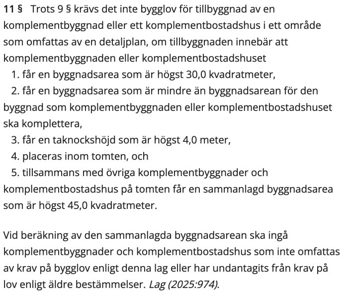 Text med lagparagraf om byggnadstillstånd för komplementbyggnad, med fokus på bygglovsfri utbyggnad upp till 30 kvm och 4 m takhöjd.