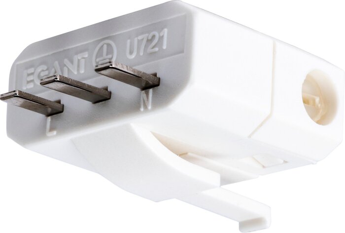 Vit stickpropp med tre stift, märkningen "L", "N", "U721" och "EGANT".