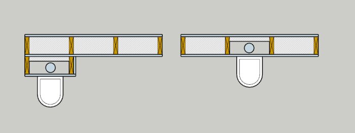 Två ritningar av en väggkonstruktion; den vänstra visar en synlig flushmodul och den högra visar modulen dold i väggen.
