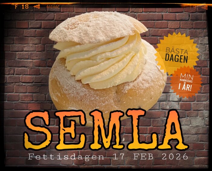 Semla med vispgrädde och pudrat lock mot tegelvägg, text "SEM:LA" och datum "Fettisdagen 17 FEB 2026". Texter "BÄSTA DAGEN" och "MIN NAMNSDAG I ÅR!