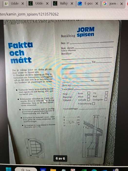 Broschyr med information och beställningsformulär för Jorm spisen, inklusive mått och specifikationer.