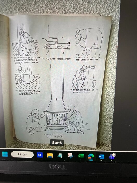 Illustrationer som visar stegvisa instruktioner för hur man monterar och installerar en Jorm-spis, inklusive arbete med rökröret och justeringar.
