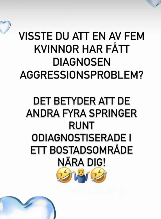 Text med ett skämt om aggressionsproblem bland kvinnor, med emojis som skrattar och en som rycker på axlarna.