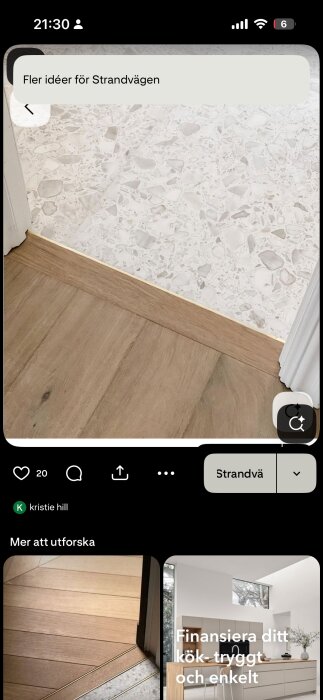 Övergång mellan trä- och klinkergolv med vit terrazzo och ljust träslag.