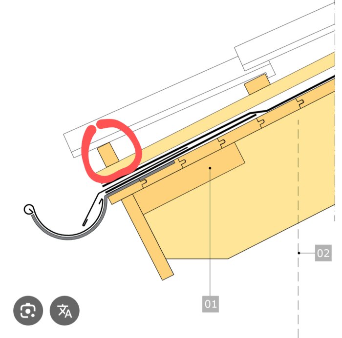 Schematiskt takdiagram med en röd markering som visar den saknade sista raden av bärläkten, vilket orsakar problem med pannornas vinkel och fäste.