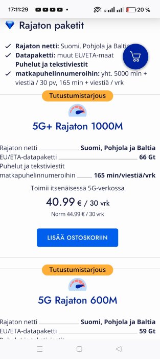 Mobilabonnemangserbjudande med obegränsad data i Finland och Baltikum för 5G+ och 5G, med olika priser och datamängder.