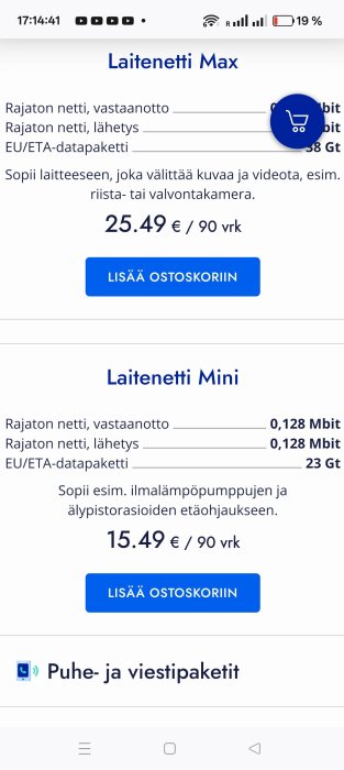 Prisplaner för "Laitenetti Max" och "Laitenetti Mini" med obegränsad data i Finland visas, inklusive priser och överföringshastigheter.