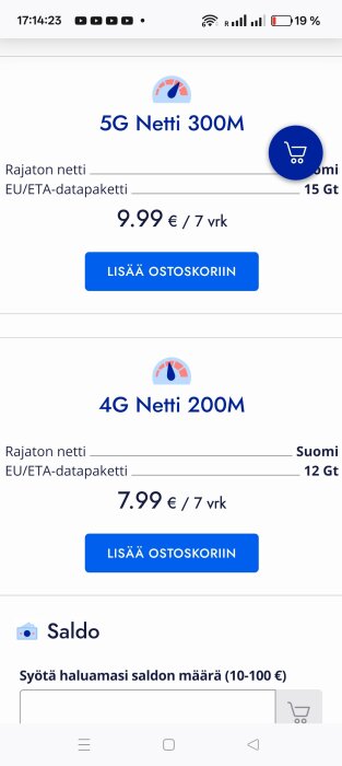 Skärmbild av finska mobilabonnemanger med priser för 5G och 4G; 5G kostar 9,99€ och 4G kostar 7,99€ för 7 dagar.