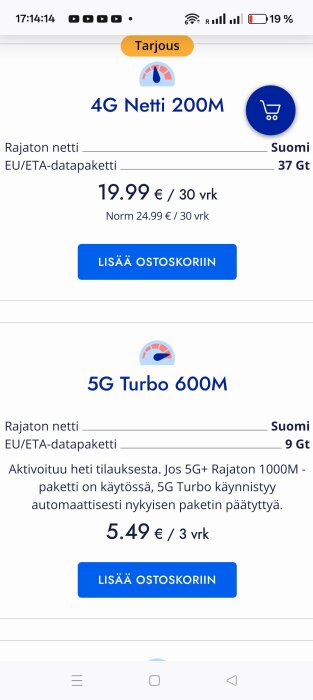 Skärmbild av ett finskt erbjudande för mobildata: "4G Netti 200M" för 19,99€ och "5G Turbo 600M" för 5,49€, med obegränsad datamängd.
