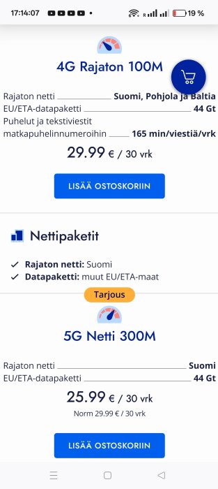 Finsk operatörerbjudande med 4G 100M och 5G 300M planer, priser från 25,99 €/30 dagar. Begränsat nätverk i Finland och EU/ETA-paket inkluderat.