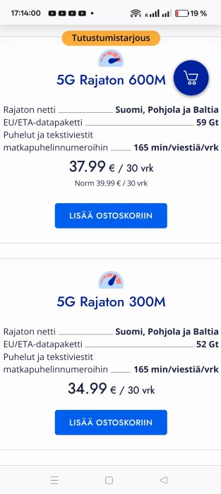 Två finska mobila dataplaner med 5G, obegränsad data i Norden och Baltikum. Planerna kostar 37,99 € och 34,99 € för 30 dagar.