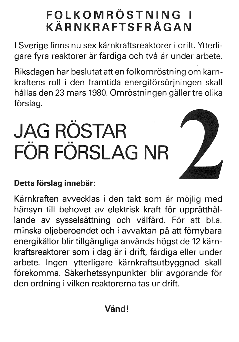 Valsedel från folkomröstning om kärnkraft i Sverige 1980, där förslag nummer två innebär avveckling av kärnkraften i takt med nödvändiga elbehov.