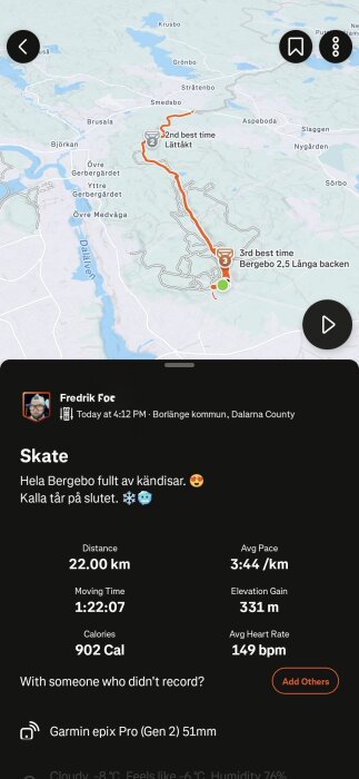 Karta över en skidtur i Borlänge, Dalarna med angivna tider och distanser. Total längd 22 km, genomsnittlig takt 3:44/km, höjdökning 331 m.